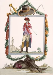 Jovem elegante cortesão do Palácio Real, gravado por Duhamel, placa no.233 de &39;galerias de moda francesa e trajes&39;, c.1778-87